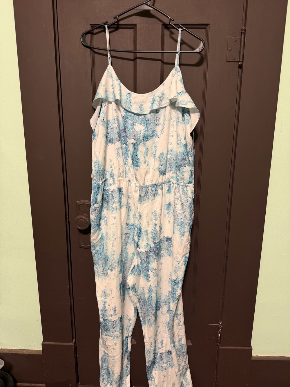 Mossimo Blue & White Printed Spaghetti-Strap Jumpsuit